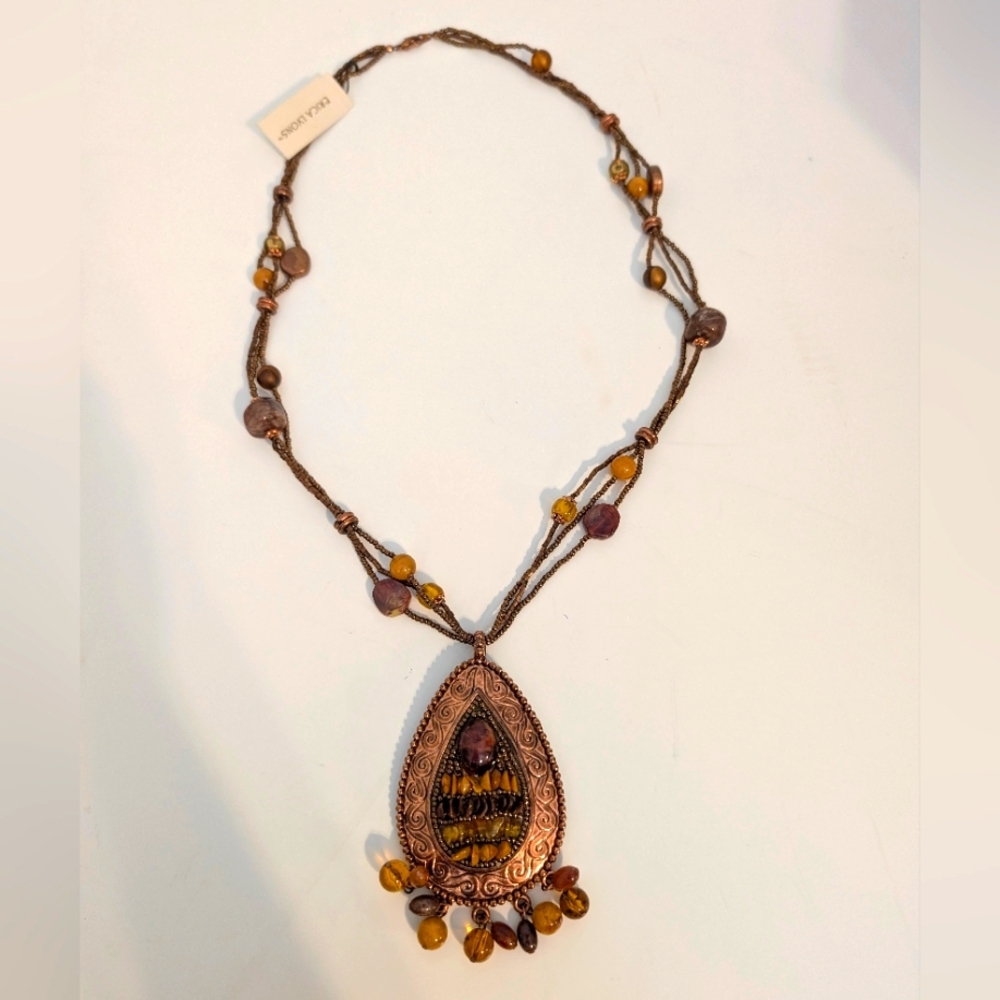 Erica Lyons Fully Beaded Triple Strand Necklace with Large Bronze Teardrop Charm